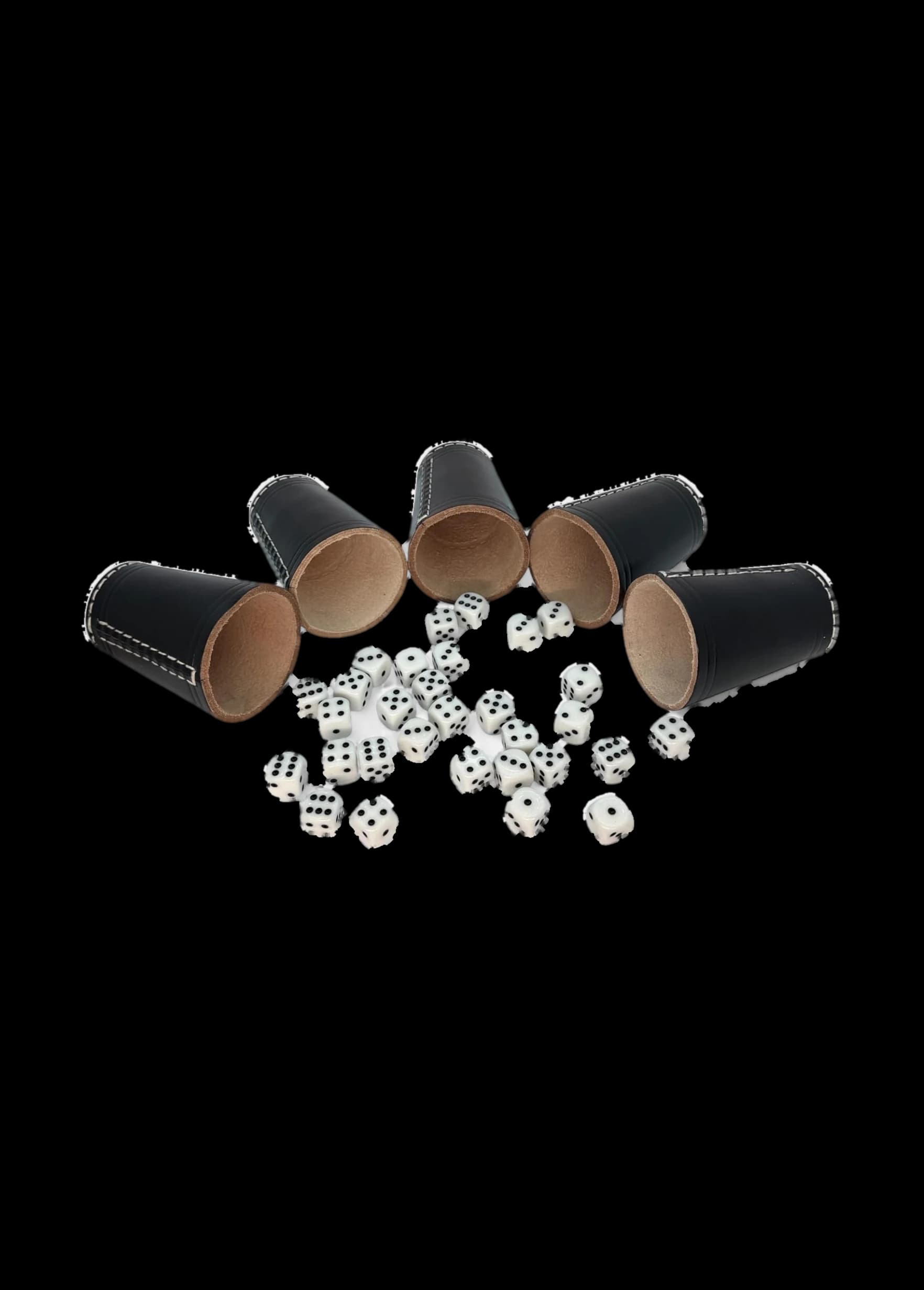 Würfelbecher aus Echtleder 5er Set – inkl. 30 Würfel (16 mm) – Handgefertigte Premium Lederbecher – Schwarz – 9 cm Höhe, 7 cm Ø